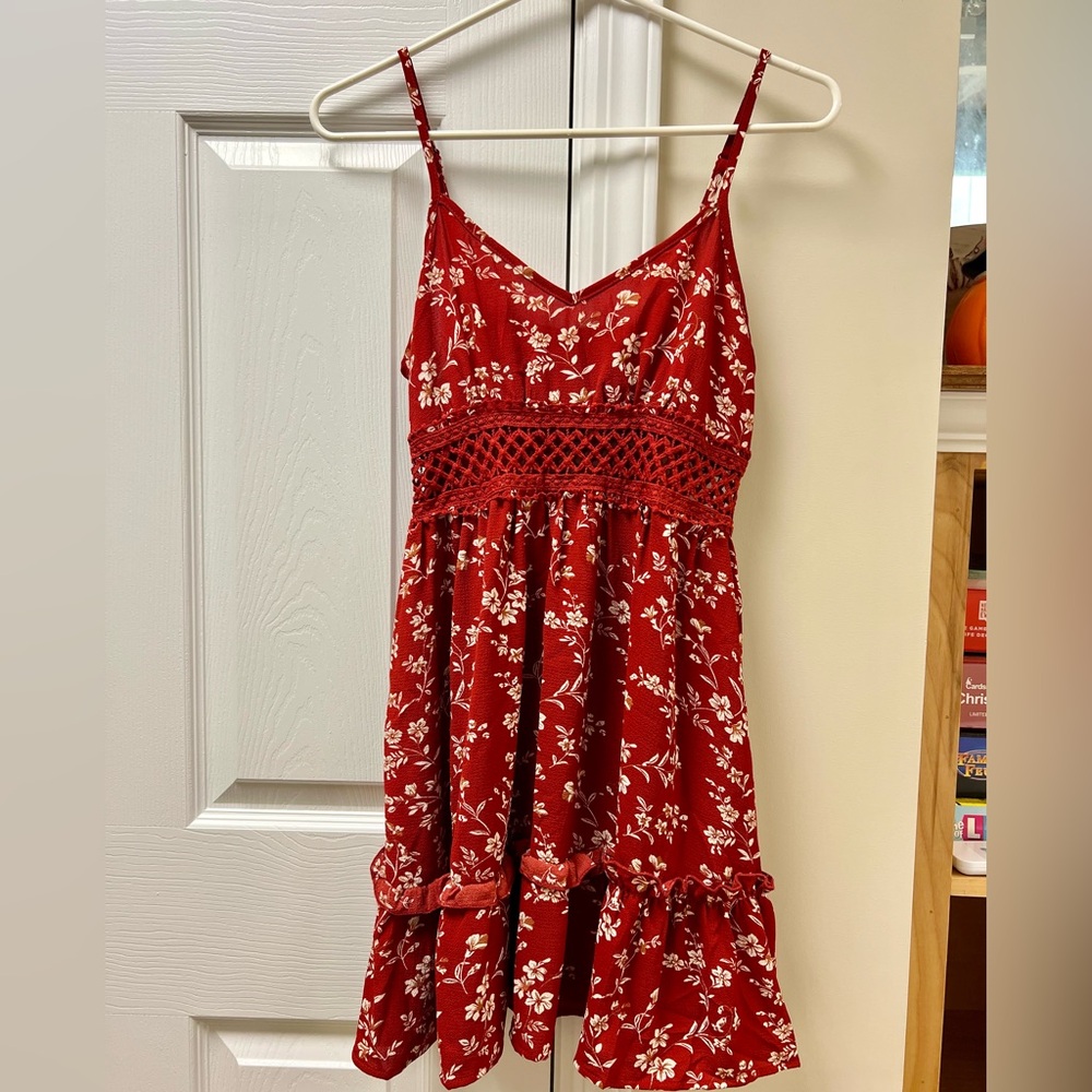 SHEIN Red Floral Dress with Crochet Detail